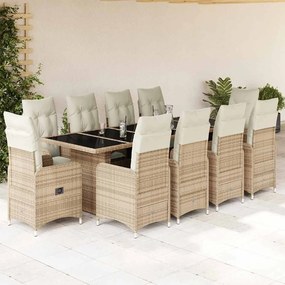 vidaXL Set bistro de grădină, 11 piese, cu perne, bej, poliratan