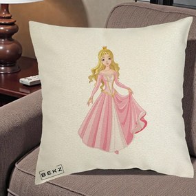 Perna Decorativa Printesa Aurora Rochie Roz, 40x40 cm, Ecru, Husa Detasabila, Perna Inclusa, BEKZ®