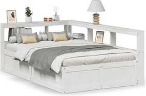 vidaXL Pat cu bibliotecă fără saltea, alb, 140x190 cm, lemn masiv pin