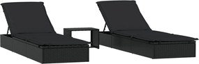 vidaXL Șezlonguri 2 buc. cu masă, negru, poliratan