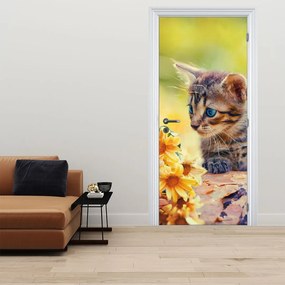 Fototapet pentru ușă - Pisoiaș privind floarea (95x205cm)
