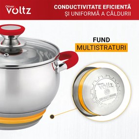 Oala Oliver Voltz OV51210N28, 28 cm, 10.45 L, Inductie, Manere din silicon, Inox/Roşu