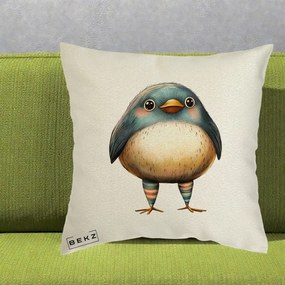 Perna Decorativa Pasare Teal-Bej cu Sosete Curcubeu, 40x40 cm, Ecru, Husa Detasabila, Perna Inclusa, BEKZ®