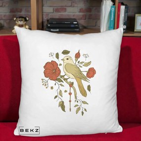 Perna Decorativa Pasare pe Ramura cu Maci, 40x40 cm, Alb Pufos, Husa Detasabila, Perna Inclusa, BEKZ®