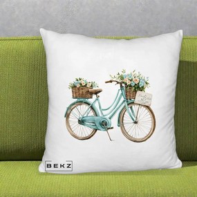 Perna Decorativa Bicicleta Teal cu Cosuri Duble de Flori Vintage, 40x40 cm, Alb Pufos, Husa Detasabila, Perna Inclusa, BEKZ®