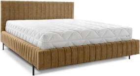 Pat matrimonial galben ocru tapițat cu spațiu de depozitare cu somieră 140x200 cm Plissa – ELTAP