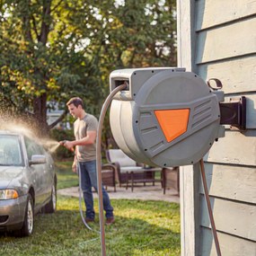 Outsunny Tambur pentru furtun retractabil 30+2 m cu duză în 2 moduri, blocare automată și retragere controlată, suport, portocaliu | Aosom Romania