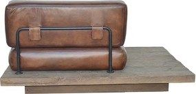 Canapea modulară 1 loc din piele naturală maro, cu platformă din lemn reciclat pe dreapta și spătar pe cadru metalic, 82 x 140 x 90 cm, „Oxford”