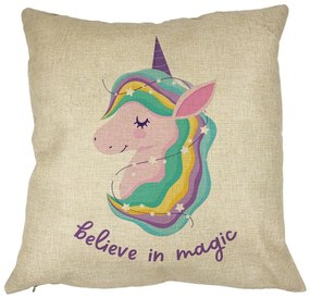 Perna Decorativa Patrata Unicorns Believe in Magic, 40x40 cm, Husa Detasabila, Burduf