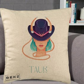 Perna Personalizata Zodie Taur, 40x40 cm, Bej, Husa Detasabila, Perna Inclusa, BEKZ®