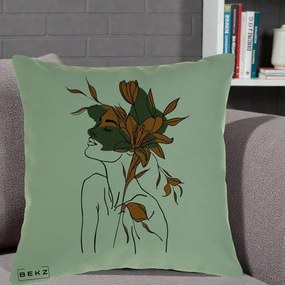Perna Decorativa Portret Feminin Crin Auriu, 40x40 cm, Verde, Husa Detasabila, Perna Inclusa, BEKZ®