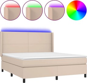 vidaXL Pat cu arcuri, saltea și LED, cappuccino, 160x200cm piele eco