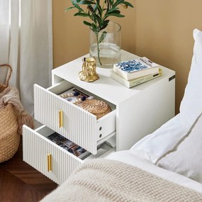 NOA29 - Set 2x Noptiere albe 40x40x47 cm, riflaje, cu sau fara Priza, cu 2 sertare, dormitor - Alb-Auriu