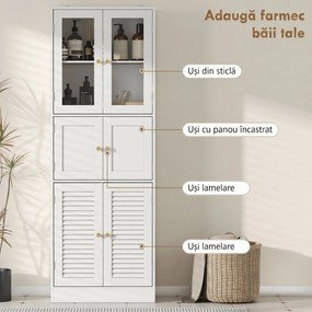 HOMCOM Dulap pentru baie cu 3 compartimente și 2 uși din sticlă și lemn, rafturi reglabile, 60x30x170 cm, alb | Aosom Romania