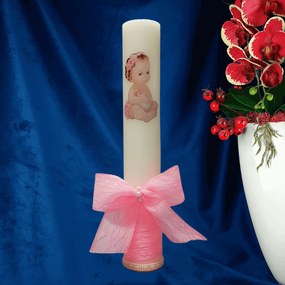 Lumanare botez decorata Bebelina roz 7 cm, 30 cm