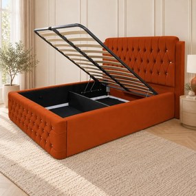 Pat tapițat Chesterfield din catifea Aveline Deluxe 140×200 cm, cărămiziu, cu ladă de depozitare