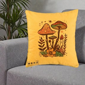 Perna Decorativa Ciuperci Boho Multicolore, 40x40 cm, Galben, Husa Detasabila, Perna Inclusa, BEKZ®