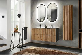Set dulap baza suspendat 120 cm cu lavoar, dulap coloana si oglinda Comad Xilo stejar Wotan si gri piatra