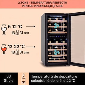 Klarstein Vinamour 33 Duo, frigider pentru vin, 2 zone, 89 l / 33 sticle, 5-18 °C, control tactil