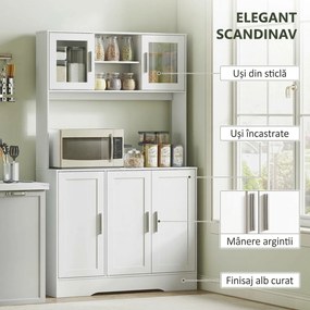 HOMCOM Dulap Bucătărie de 180cm, Dulap Înalt cu 4 Compartimente, Uși din Sticlă Securizată, 2 Rafturi Deschise, Rafturi Reglabile, Blat pentru Electrocasnice, pentru Bucătărie sau Living, Alb | Aosom Romania