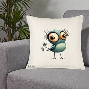 Perna Decorativa Pasare Teal cu Gene si Coada Spiralata, 40x40 cm, Crem Reliefat, Husa Detasabila, Perna Inclusa, BEKZ®