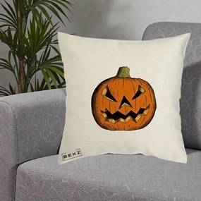 Perna Decorativa Halloween Dovleac Portocaliu Clasic, 40x40 cm, Ecru, Husa Detasabila, Perna Inclusa, BEKZ®