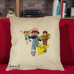 Perna Personalizata Pokemon Ash Misty Brock si Pikachu, 40x40 cm, Crem, Husa Detasabila, Perna Inclusa, BEKZ®