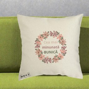 Cadou pentru Bunica - Perna Personalizata Cea Mai Minunata Bunica Coronita Flori Roz, 40x40 cm, Ecru, Husa Detasabila, Perna Inclusa, BEKZ®