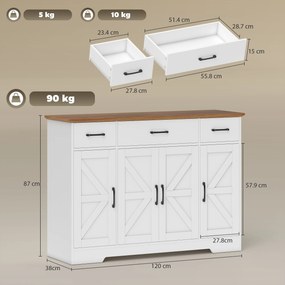 HOMCOM Bufet Bucătărie Rustic, Bufet cu Uși Soft-Close, 3 Sertare, 3 Rafturi Reglabile, Portaspecii, PAL, MDF, Alb | Aosom Romania