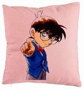 Perna Decorativa cu Detective Conan, 40x40 cm, Roz, Husa Detasabila, Burduf