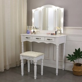 Set Scarlet, Masă de toaletă cu 3 oglinzi iluminate LED, control touch, 3 sertare, scaun, Alb