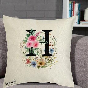 Cadou Personalizat - Perna Personalizata Monogram Litera H cu Flori Acuarela, 40x40 cm, Ecru, Husa Detasabila, Perna Inclusa, BEKZ®