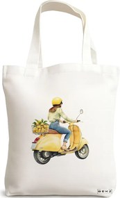 Sacosa de Panza pentru Cumparaturi, Geanta Tote, model The Lemon lady 38 x 34.5 cm, Alba, BEKZ®