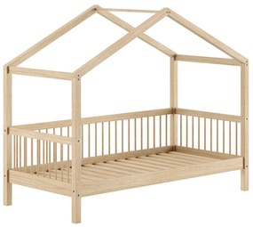 Pat Casă Forrest Beech 90x200 cm, pentru Camera Copii, din Lemn de Fag, cu Sertar, Protecție Suplimentară și Set Textil – Vipack
