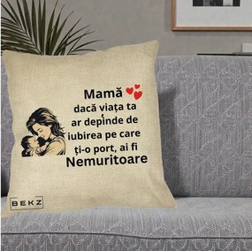 Cadou pentru Mama - Perna Personalizata Mama Nemuritoare Aproape de Bebe, 40x40 cm, Crem, Husa Detasabila, Perna Inclusa, BEKZ®