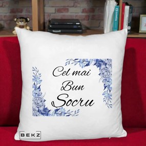 Cadou pentru Socru - Perna Personalizata Cel mai Bun Socru cu Flori Albastre Acuarela, 40x40 cm, Alb Pufos, Husa Detasabila, Perna Inclusa, BEKZ®