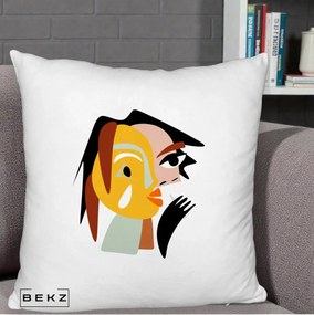 Perna Decorativa Portret Abstract Galben-Ocru, 40x40 cm, Alb Pufos, Husa Detasabila, Perna Inclusa, BEKZ®