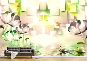 Tapet Premium Canvas - Lebedele fluturii si florile 3d abstract