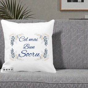 Cadou pentru Socru - Perna Personalizata Cel mai Bun Socru cu Ramuri Frunze Albastre si Aurii, 40x40 cm, Alba Mata, Husa Detasabila, Perna Inclusa, BEKZ®