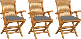vidaXL Scaune grădină cu perne gri, 3 buc., lemn masiv de tec