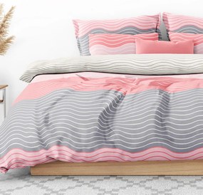 Goldea lenjerie de pat din bumbac satinat deluxe - model 1101 valuri roz și gri 140 x 200 și 70 x 90 cm