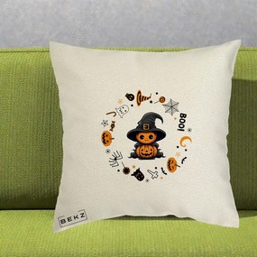 Perna Decorativa Halloween Dovleac Vrajitor Boo cu Simboluri, 40x40 cm, Ecru, Husa Detasabila, Perna Inclusa, BEKZ®
