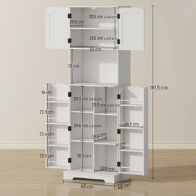 HOMCOM Dulap de bucătărie înalt, stil country, cu 2 dulapuri și 8 suporturi pentru condimente, 60x40x181.5 cm, alb | Aosom Romania