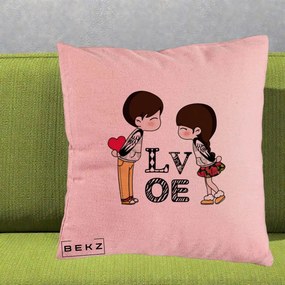 Cadou Romantic - Perna Personalizata Cuplu Kawaii LOVE, 40x40 cm, Roz, Husa Detasabila, Perna Inclusa, BEKZ®