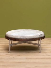 Taburet din piele de vacă gri și lemn de mango maro, cu structură din metal, formă rotundă, 42×96 cm, „Hike"