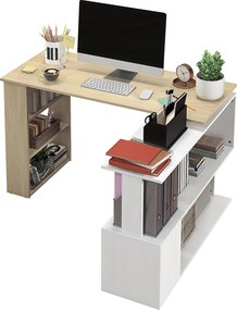 HOMCOM Birou de colț cu blat rotativ 360° și 5 rafturi, 120x110x74,5 cm, culoare lemn, alb | Aosom Romania