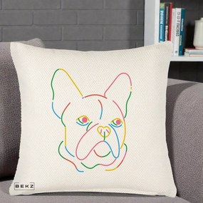 Perna Decorativa Bulldog Francez Line Art Curcubeu, 40x40 cm, Crem Reliefat, Husa Detasabila, Perna Inclusa, BEKZ®