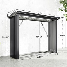 Outsunny Adăpost pentru Lemne din Oțel Exterior, Bază Ridicată și Acoperiș Înclinat, 213x66.5x150 cm, Gri Închis | Aosom Romania