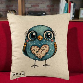 Perna Decorativa Bufnita Albastra cu Inimioare, 40x40 cm, Bej, Husa Detasabila, Perna Inclusa, BEKZ®