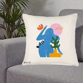 Perna Decorativa Femeie Albastra Cactus, 40x40 cm, Crem Reliefat, Husa Detasabila, Perna Inclusa, BEKZ®
